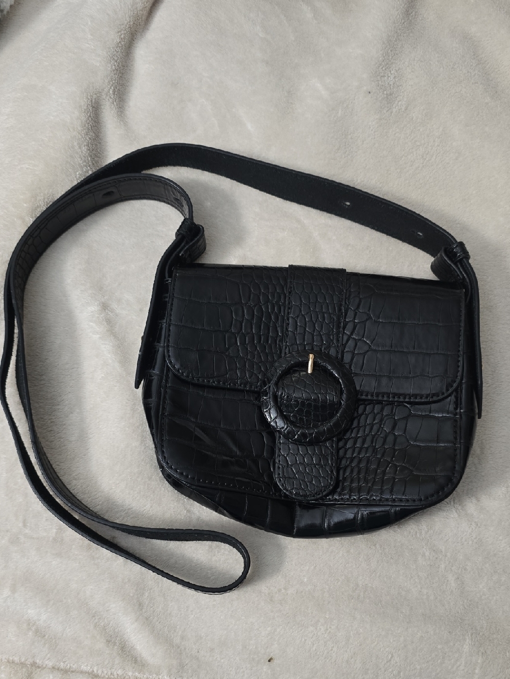 Black Croc-Embossed Crossbody Bag with Buckle Accent